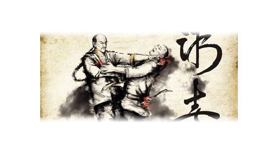 Illustration zweier Kämpfer in traditioneller Kleidung während eines Wing Tsun-Kampfes, mit kalligrafischem Schriftzeichen im Hintergrund